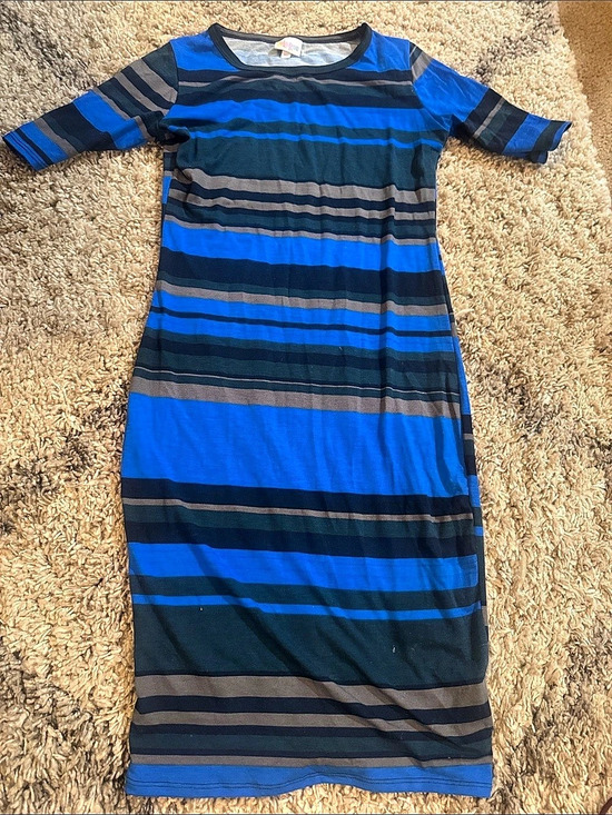 LuLaRoe Dresses & Skirts - NWOT LuLaRoe Julia Dress Blue Gray Striped Bodycon Knit Midi XS